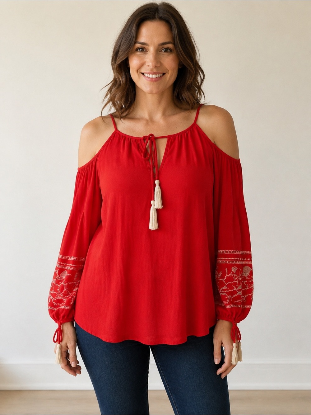 Gibson Latimer Red Embroidered Cold Shoulder Tassel Blouse Medium
